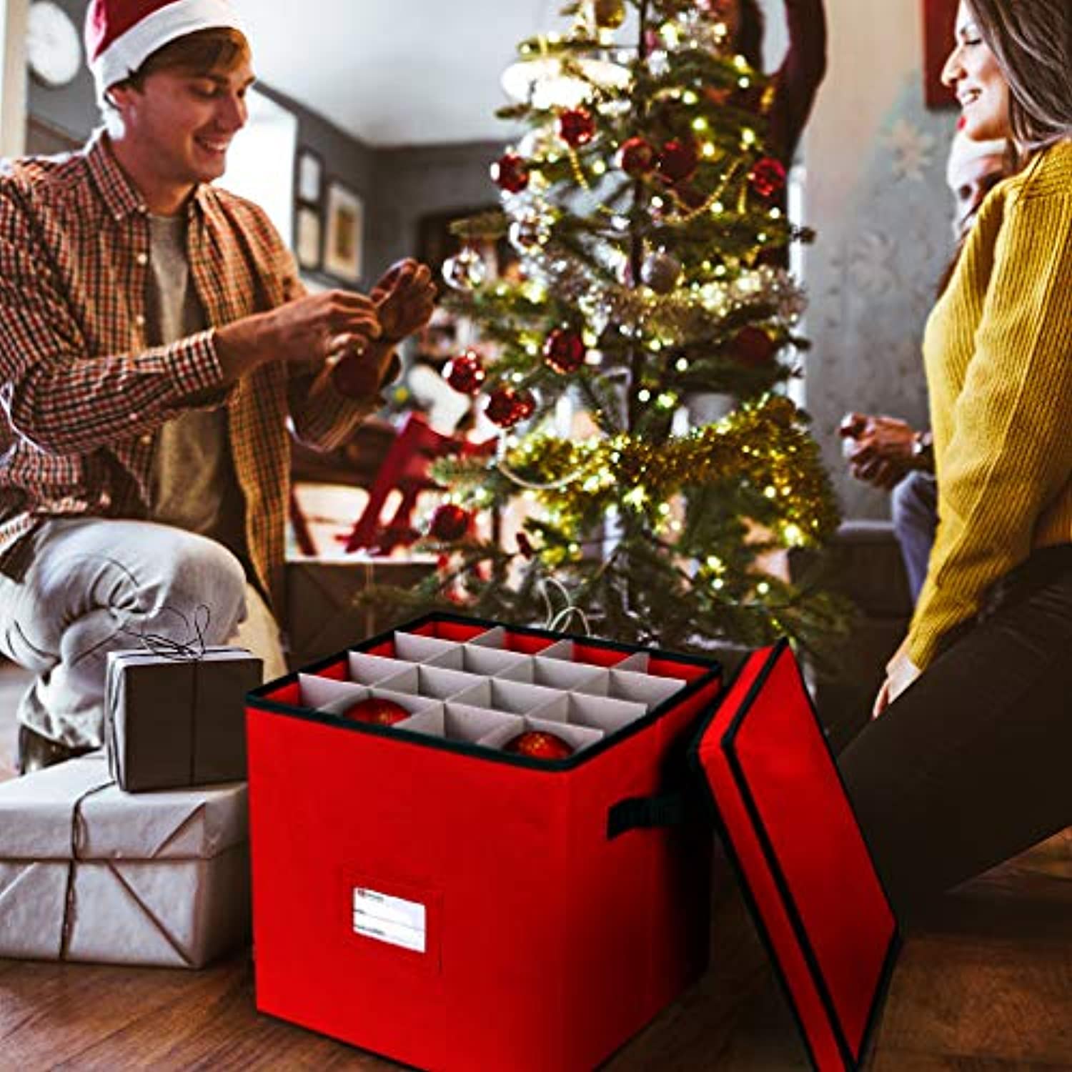 Primode Christmas Ornament Storage Box, Fits up to 64 Ornaments Balls,  Holiday Decorations Accessories Storage Container, Constructed of Durable  600D Oxford, Organizer has 4 Layers with Dividers (Red) 